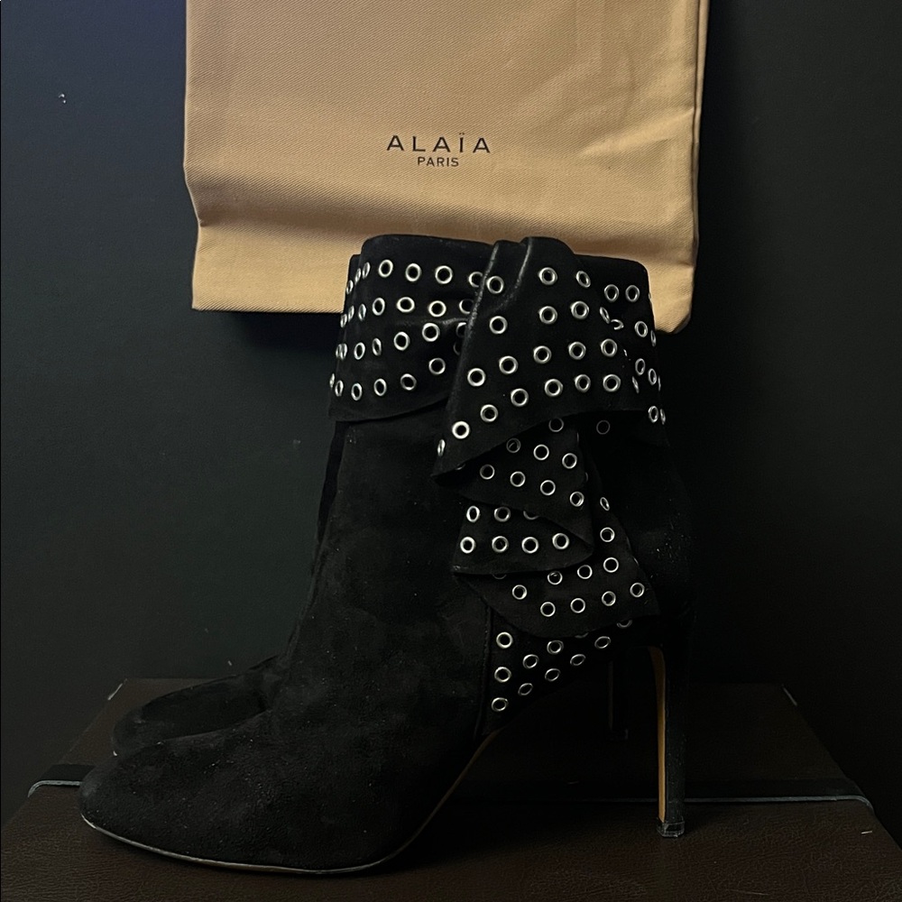 Alaïa Black Suede Grommet Embellished Ruffled Ankle Boots | Size 37 - Picture 4 of 7